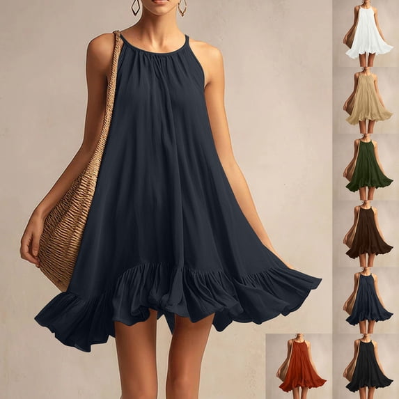 Smsaxvxz Womens Summer Tank Mini Dress Fashion Solid Crew Neck Sleeveless Ruffle Hem Flowy Casual Solid Loose Beach Sundress Navy XL