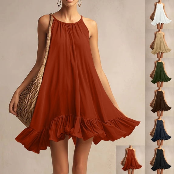 Smsaxvxz Womens Summer Tank Mini Dress Fashion Solid Crew Neck Sleeveless Ruffle Hem Flowy Casual Solid Loose Beach Sundress Orange 2XL
