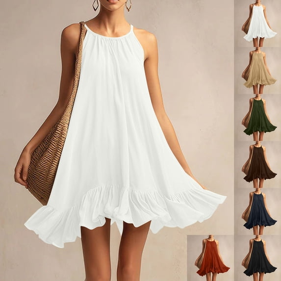 Smsaxvxz Womens Summer Tank Mini Dress Fashion Solid Crew Neck Sleeveless Ruffle Hem Flowy Casual Solid Loose Beach Sundress White S