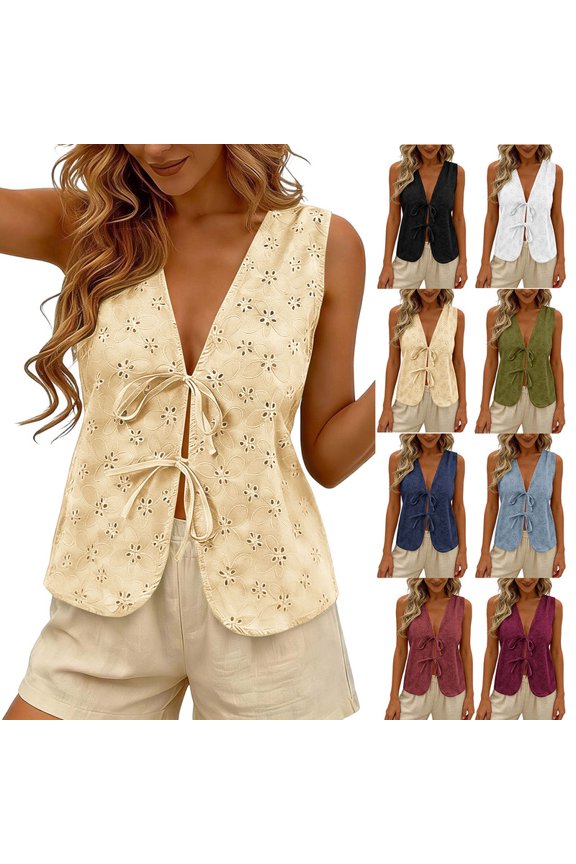 Womens Summer Tank Tops Fashion V Neck Sleeveless Front Drawstring Hollow Shirts Casual Solid Loose Floral Top