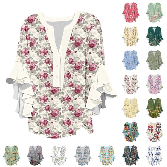 Smsaxvxz Womens Summer Tops Fashion Boho Floral Printed Button V Neck 3/4 Ruffle Sleeve Shirts Casual Loose Beach Blouse Tops B-12 M