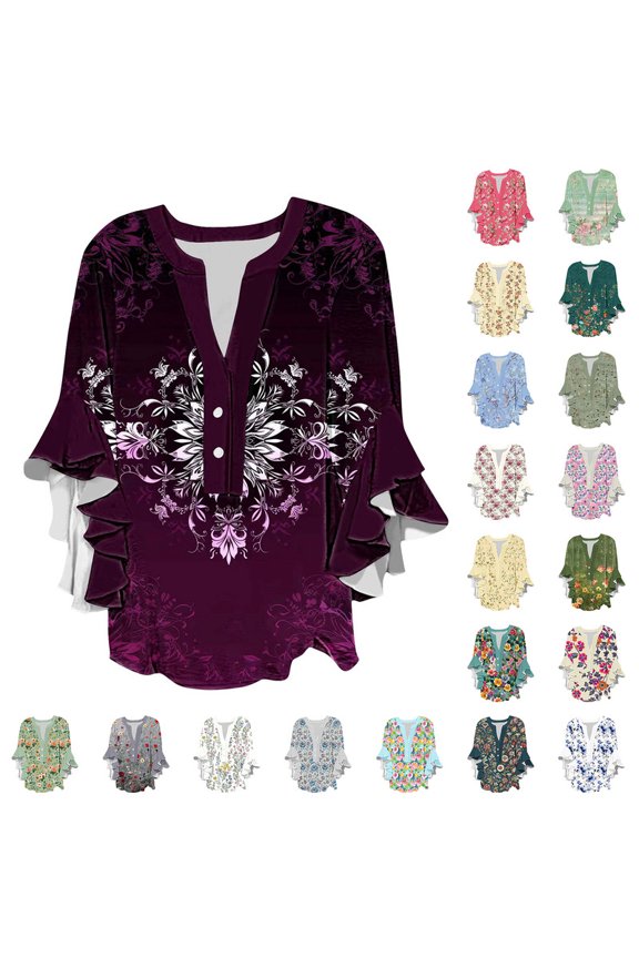 Womens Summer Tops Fashion Boho Floral Printed Button V Neck 3/4 Ruffle Sleeve Shirts Casual Loose Beach Blouse Tops B-16 S