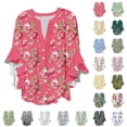 thumbnail image 1 of Smsaxvxz Womens Summer Tops Fashion Boho Floral Printed Button V Neck 3/4 Ruffle Sleeve Shirts Casual Loose Beach Blouse Tops B-19 XL, 1 of 5