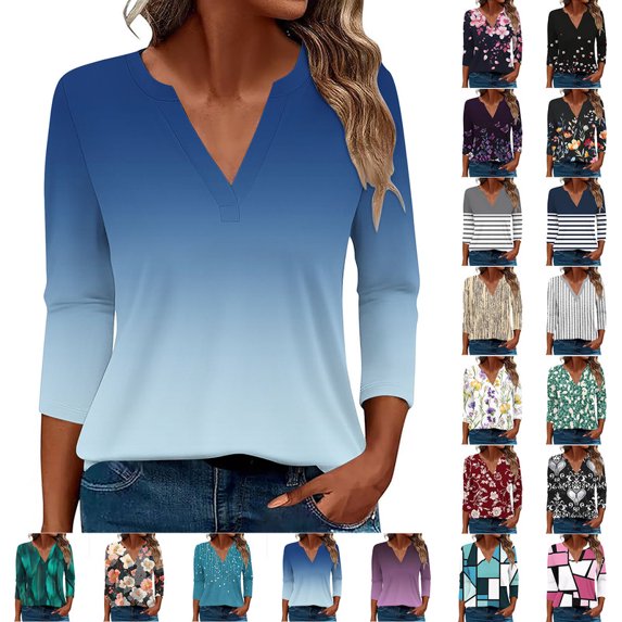 Smsaxvxz Womens Summer Tops Fashion Gradient V Neck 3/4 Sleeve Casual Loose Shirts Navy XL