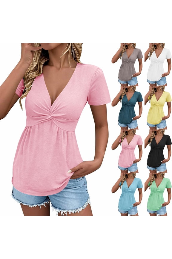 Womens Summer Tops Fashion Kink Front Pleated V Neck Short Sleeve Causel Solid Loose Blouse Tops Yellow S