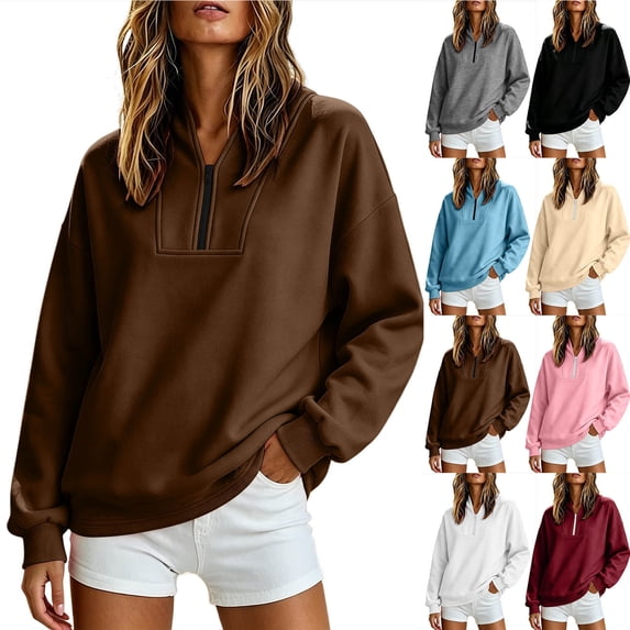Smsaxvxz Womens Sweatshirts Half Zip Pullover Casual Long Sleeve Lightweight Sweatshirts Tops Fall Fashion Clothes 2026 Brown XL