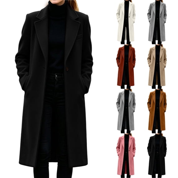 Smsaxvxz Womens Trench Coat Single Breasted Long Pea Coat Overcoat Notched Lapel Casual Suit Jacket Winter Warm Windbreaker Outwear Black 2XL