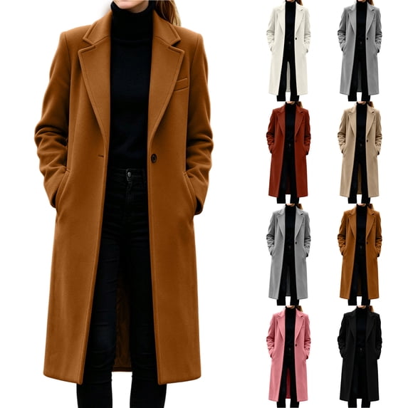 Smsaxvxz Womens Trench Coat Single Breasted Long Pea Coat Overcoat Notched Lapel Casual Suit Jacket Winter Warm Windbreaker Outwear Brown XL