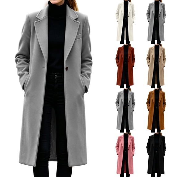 Smsaxvxz Womens Trench Coat Single Breasted Long Pea Coat Overcoat Notched Lapel Casual Suit Jacket Winter Warm Windbreaker Outwear Gray S