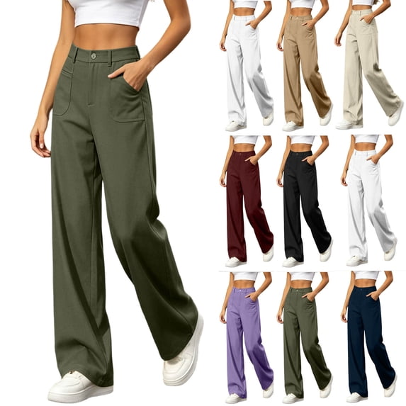 Smsaxvxz Womens Wide Leg Dress Pants High Waisted Business Casual Trousers with Pockets Army Green L