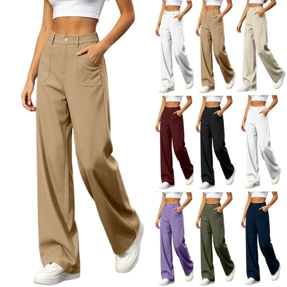 Smsaxvxz Womens Wide Leg Dress Pants High Waisted Business Casual Trousers with Pockets Khaki 2XL