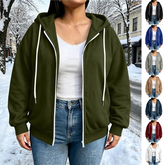 Smsaxvxz Zip Up Hoodie for Women Casual Long Sleeve Hooded Sweatshirt Lightweight Loose Fit Jacket Army Green 2XL