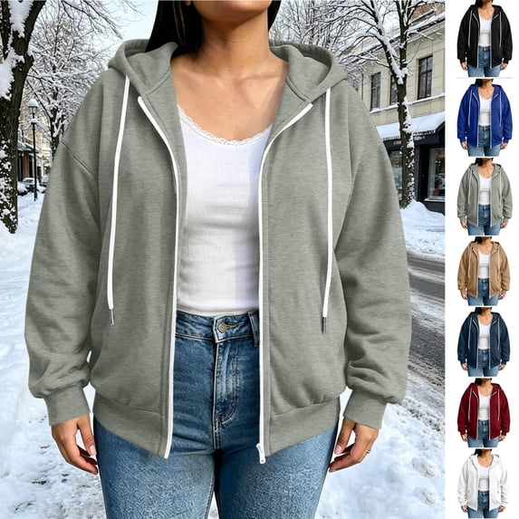 Smsaxvxz Zip Up Hoodie for Women Casual Long Sleeve Hooded Sweatshirt Lightweight Loose Fit Jacket Gray 2XL
