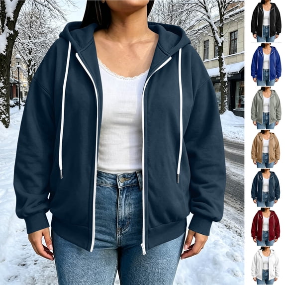 Smsaxvxz Zip Up Hoodie for Women Casual Long Sleeve Hooded Sweatshirt Lightweight Loose Fit Jacket Navy L