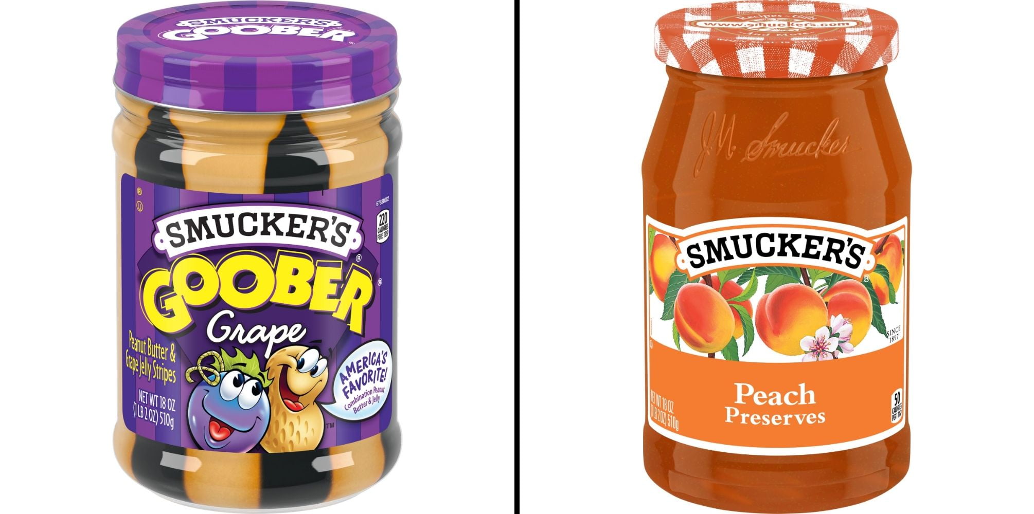 Smucker's Goober Peanut Butter \u0026 Grape Jelly Stripes 18 oz \u0026 Smucker's Peach Preserves 18 oz
