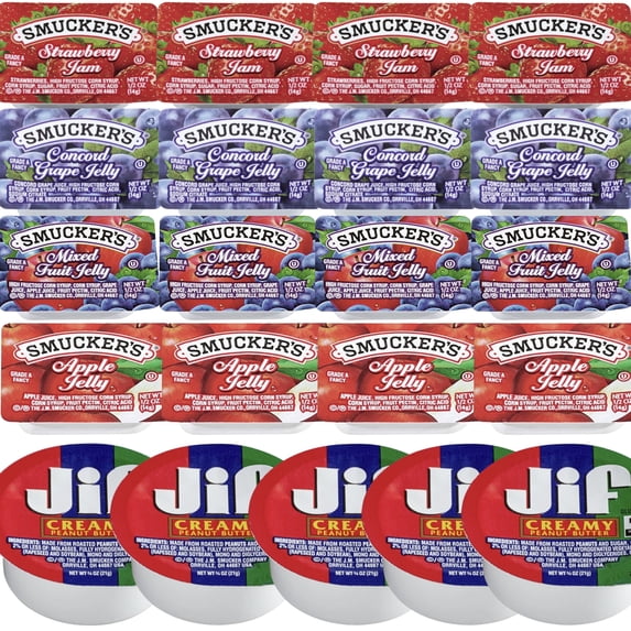 Smucker's and JIF TO GO - 50 Count Single Serve Jelly, Jam, Marmalade & Peanut Butter Cups – Travel Size Breakfast Spreads – Variety Pack for Lunchboxes, Hotels, Schools & To-Go Meals