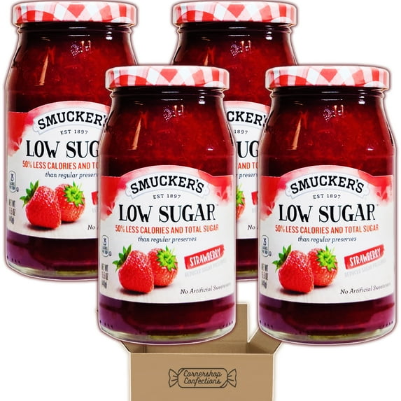 Smucker's Low Sugar Strawberry Preserves Bulk Pack - 4 Jars - 62 ounces Total - 50% Less Calories and Sugar Than Regular Preserves - Toast, Desserts, Yogurt in Cornershop Confections Pack