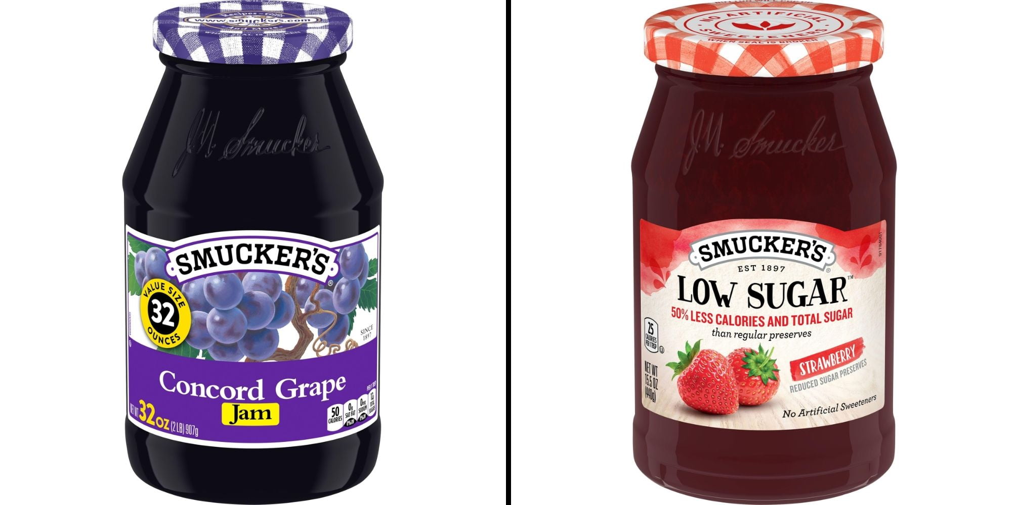 Smucker's Low Sugar Strawberry Reduced Sugar Preserves 15.5 oz \u0026 Smucker's Concord Grape Jam 32 oz