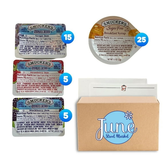 Smucker's Portion Control Sugar Free Jam and Syrup Gift Box Variety - Breakfast Syrup, Grape, Strawberry and Blackberry Jam,