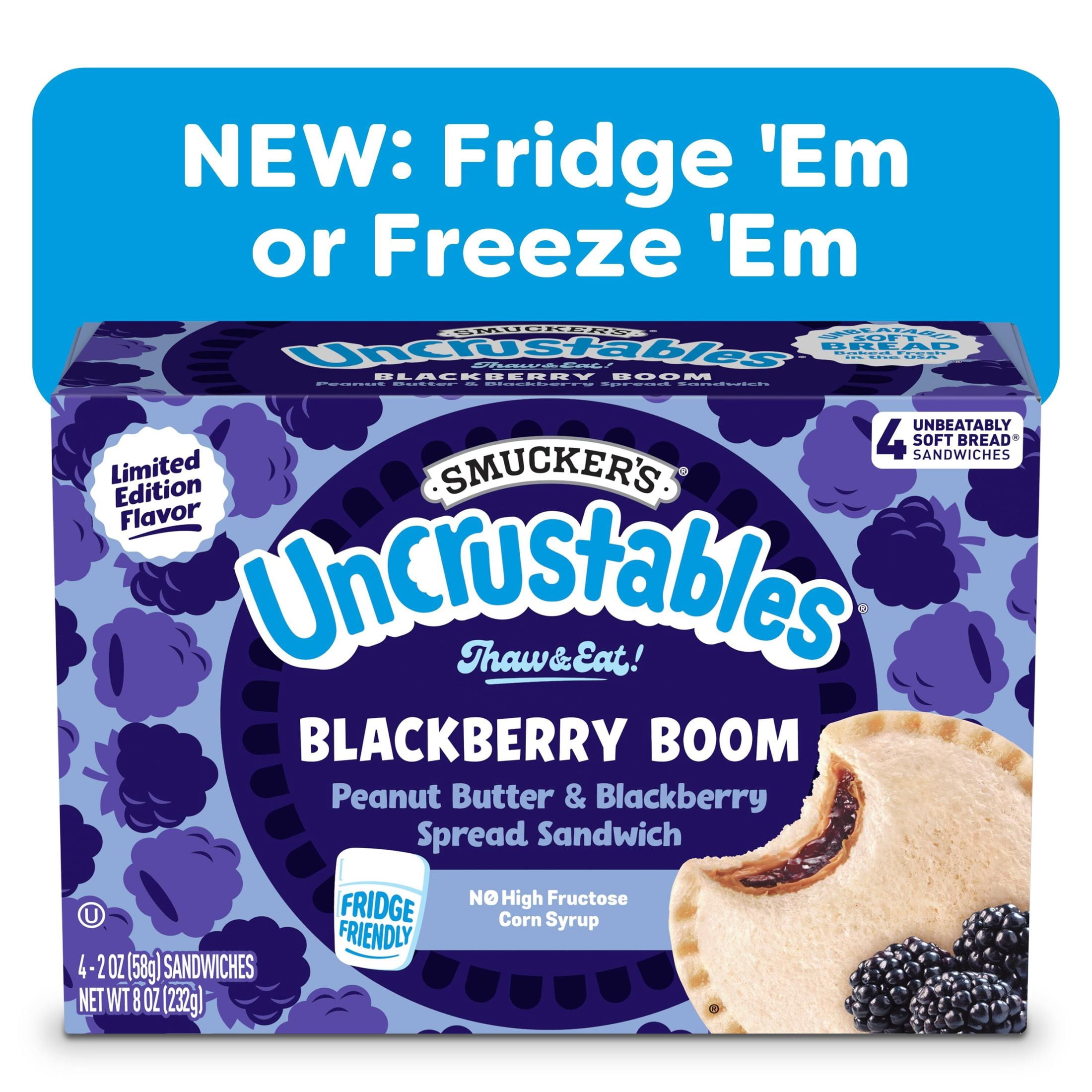 Smucker’s Uncrustables Peanut Butter & Blackberry Spread Sandwiches, 4 Count, 2 oz Each, Frozen