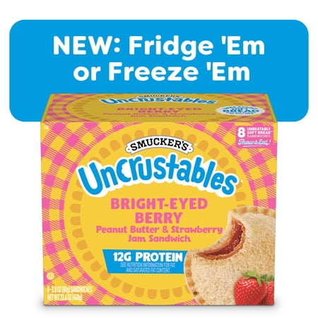 Smucker’s Uncrustables Bright-Eyed Berry Morning Protein Snacks, Peanut Butter & Strawberry Jam Sandwiches on Wheat Bread, 8 Count, 2.8 oz Each (Frozen)