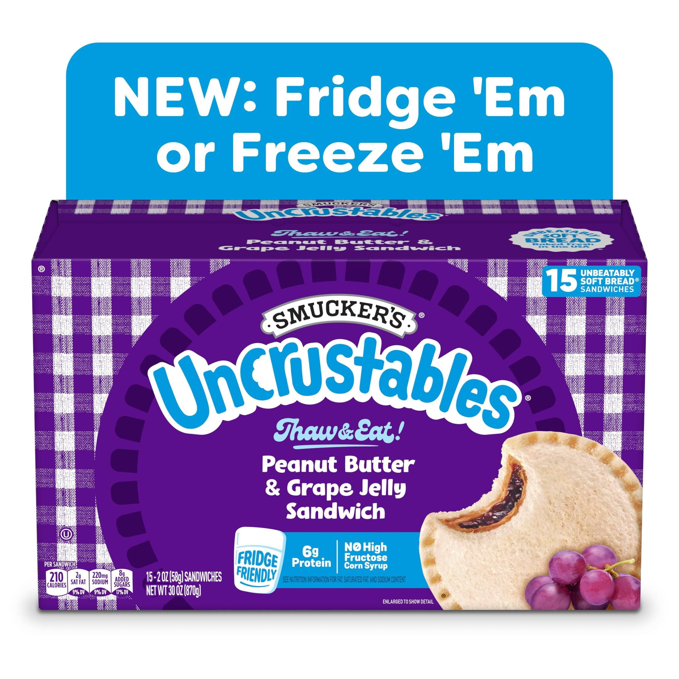 Smucker’s Uncrustables Peanut Butter & Grape Jelly Sandwiches, 15 Count, 2 oz Each, Frozen