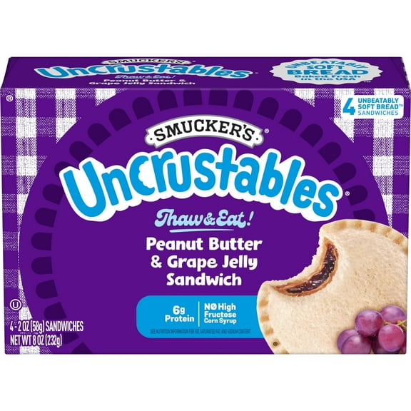 Smuckers Uncrustables Peanut Butter & Grape Jelly Sandwiches, 4 Count, 2 oz Each, Frozen