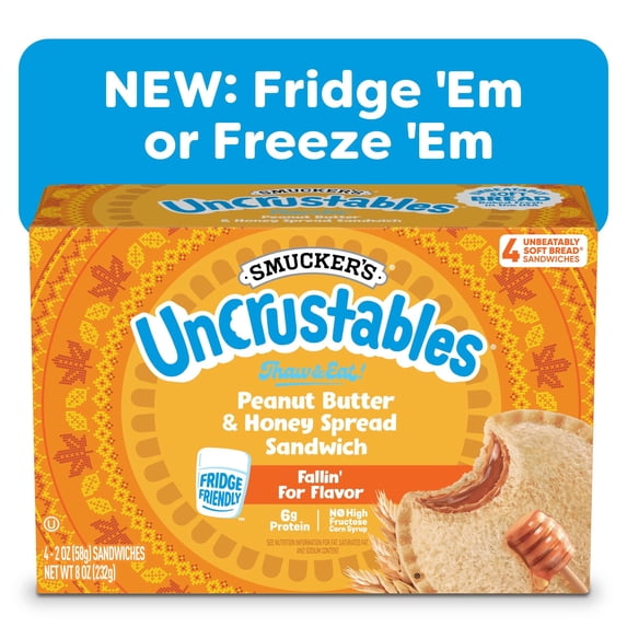 Smucker’s Uncrustables Peanut Butter & Honey Spread Sandwiches, 4 Count, 2 oz Each, Frozen