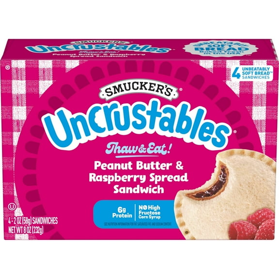 Smuckers Uncrustables Peanut Butter & Raspberry Spread Sandwiches, 4 Count, 2 oz Each, Frozen