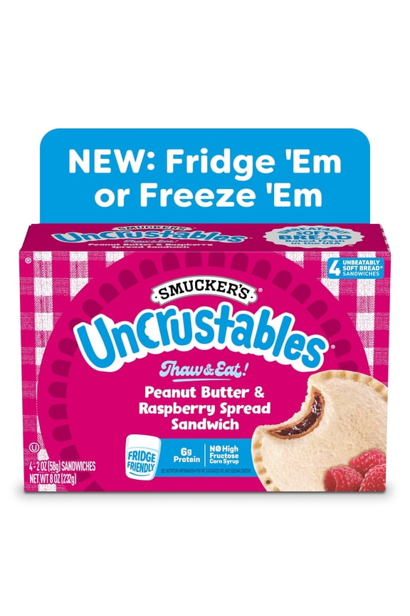 Smuckers Uncrustables Peanut Butter & Raspberry Spread Sandwiches, 4 Count, 2 oz Each, Frozen