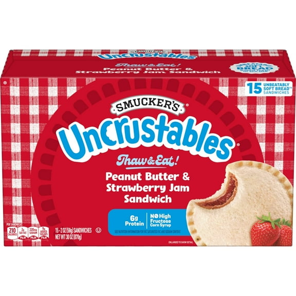 Smuckers Uncrustables Peanut Butter & Strawberry Jam Sandwiches, 15 Count, 2 oz Each, Frozen