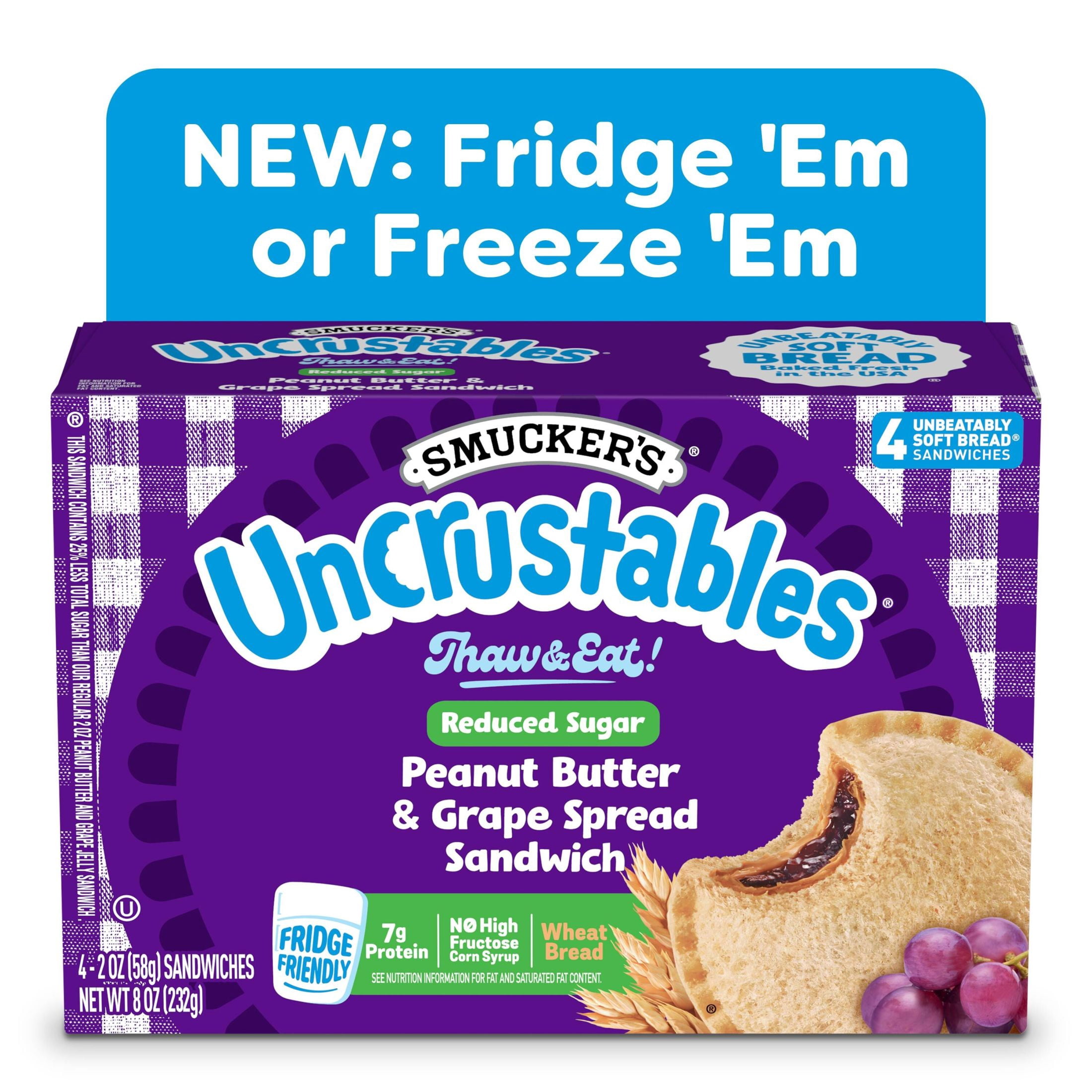 Smucker’s Uncrustables Reduced Sugar Peanut Butter & Grape Spread Sandwiches, 4 Count, 2 oz Each, Frozen