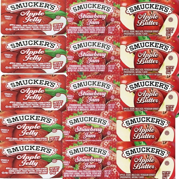 Smucker's Variety Pack Apple Butter, Strawberry Jam & Apple Jelly 30 Single-Serve 0.5 oz Cups Fat-Free, Kosher, Individually Sealed for Foodservice, Breakfast, Hotels, Buffets