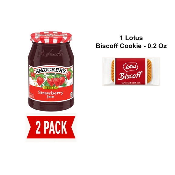 Smuckers Seedless Strawberry Jam, 18 Ounces - Pack Of 2 & Lotus Biscoff Cookie - 0.2 Oz - 1 ct