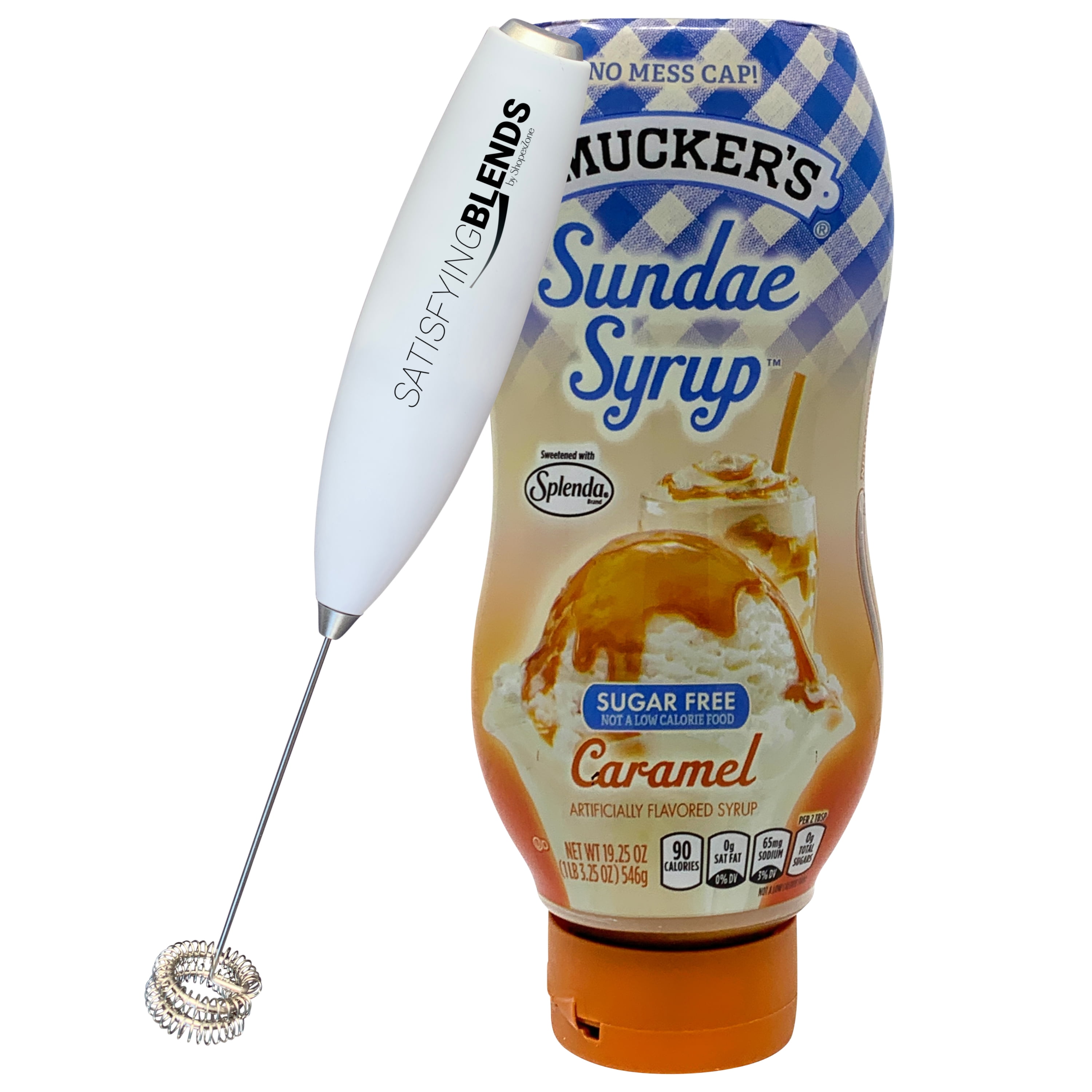 Smuckers Sugar Free Caramel Syrup 19.25 oz Bundle with ShopexZone Electric Frother