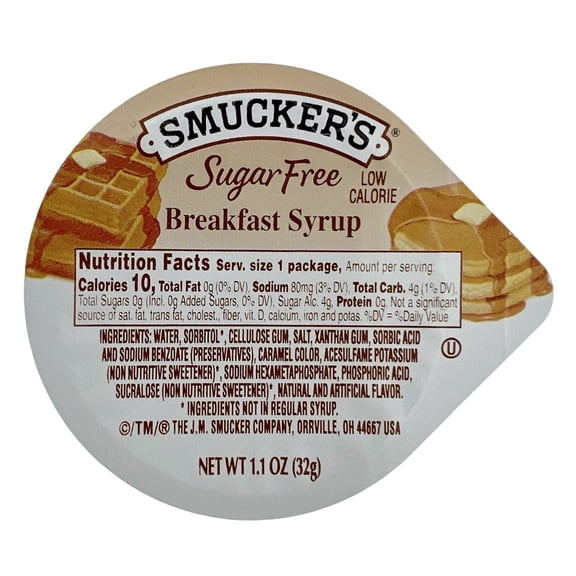 Smuckers Sugar Free Syrup Breakfast 20 Individual Syrup Packets 1.1-Oz Each - Low Carb Sugar Free Syrup Cups - Pancake Syrup Low Calorie - NSR One Bamboo Mini Spoon