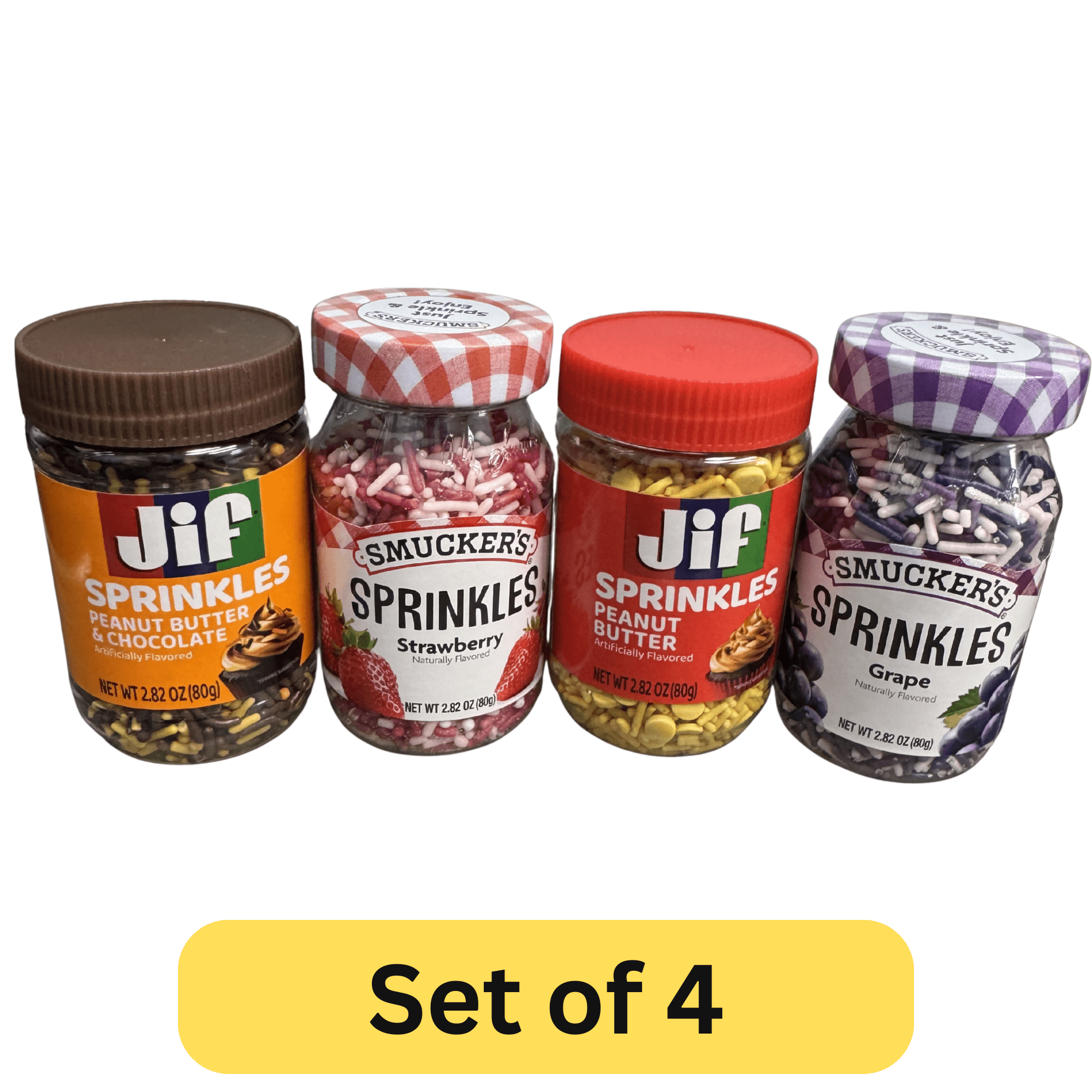 Smuckers and Jif Sprinkles Set of 4 - Peanut Butter, Strawberry, Grape, Peanut Butter/Chocolate - Toppings for Cupcakes, Cookies, Ice Cream