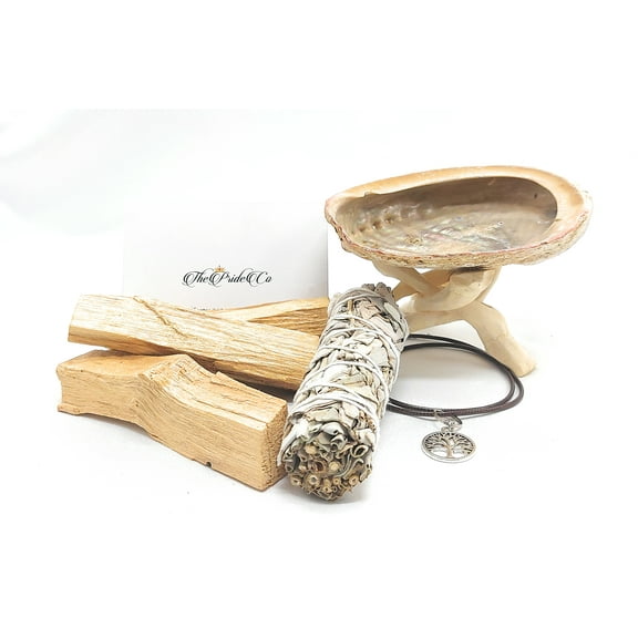 Smudge 4" White Sage (1) & Palo Santo Sticks (3) With Necklace Plus Abalone Shell
