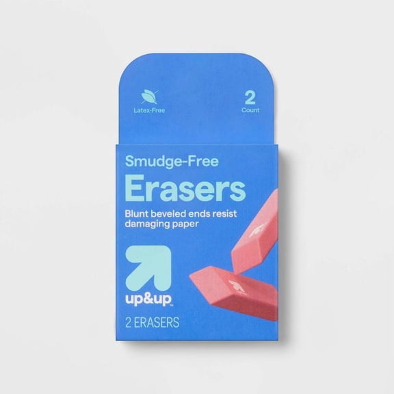 Smudge Free Erasers 2ct -Multicolor Hard Rubber, Block Erasers for Pencils, Right- or Left-Handed Design