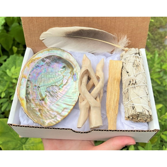 Smudge Kit Gift Box: Abalone Shell, 4" Stand, White Sage Stick & Palo Santo Wood