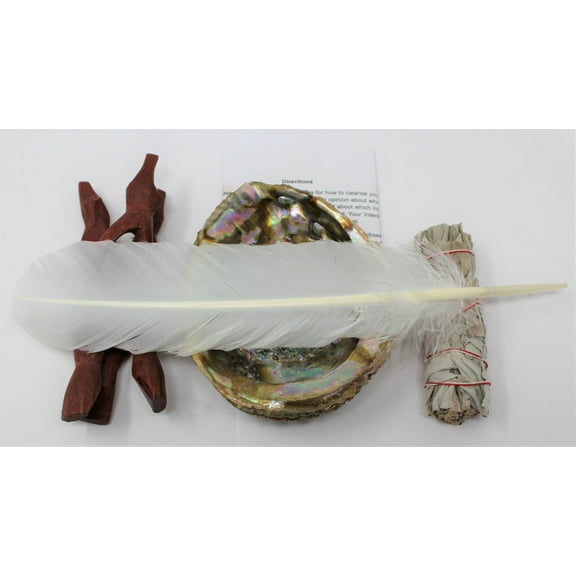 Smudge Kit Large Abalone Shell Tripod Stand White Sage Stick Feather Directions!