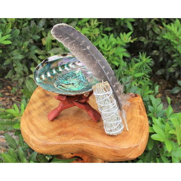 Smudge Kit: Large Abalone Shell with Tripod Stand + Blue Sage Stick & Feather!