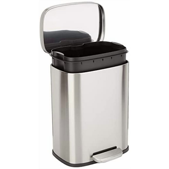 Smudge Resistant Small Rectangular Trash Can With Soft-Close Foot Pedal, Brushed Stainless Steel, 12L/3.2 Gal, 11.3x9.9x15.1 in, Satin Nickel Finish