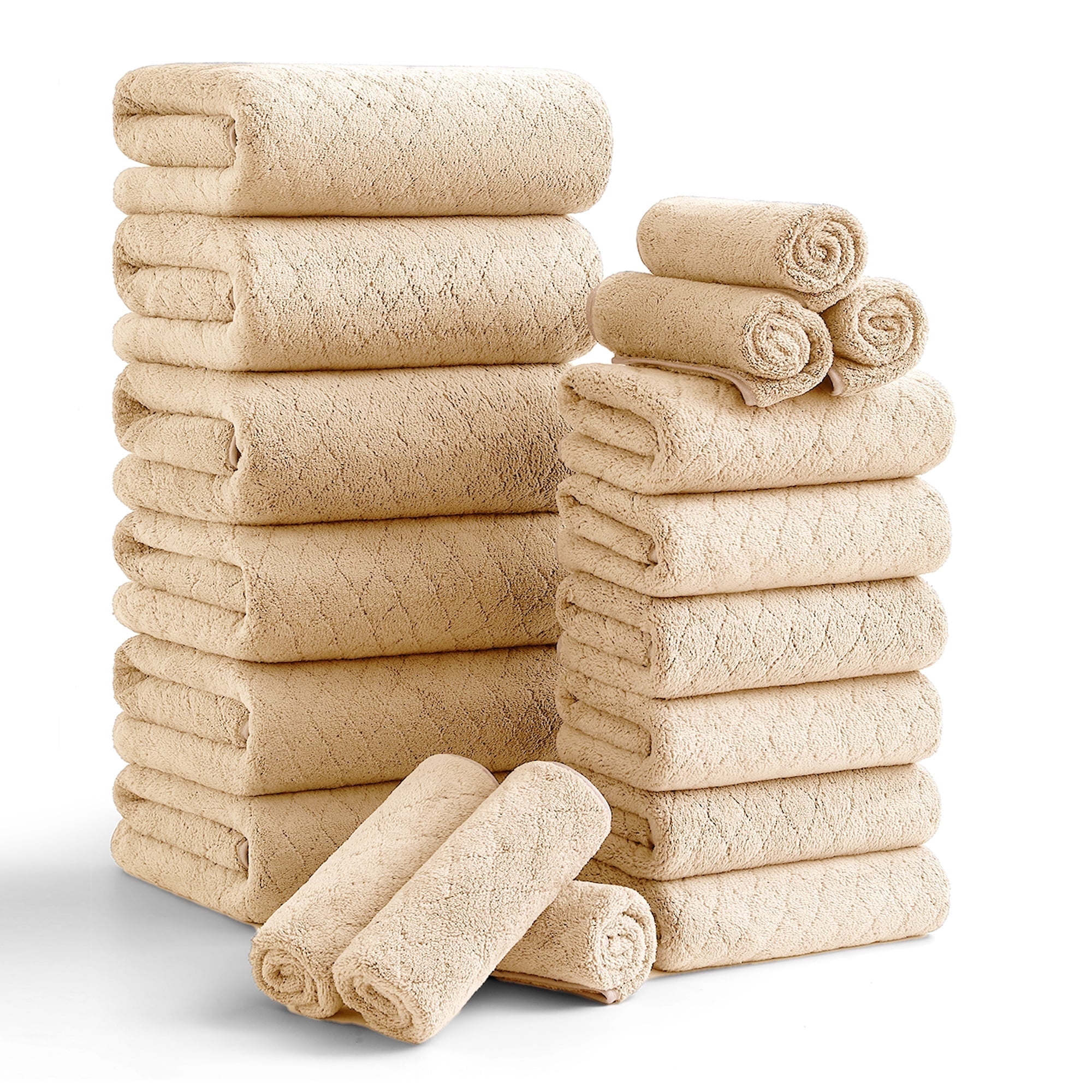 Smuge 18 pcs Bath Towel Sets, Include 6 Bath Sheet Towels, 6 Hand Towels, 6 Washcloths, Soft Microfiber Highly Absorbent Shower Towel for Bathroom Gym Spa(Apricot Yellow)