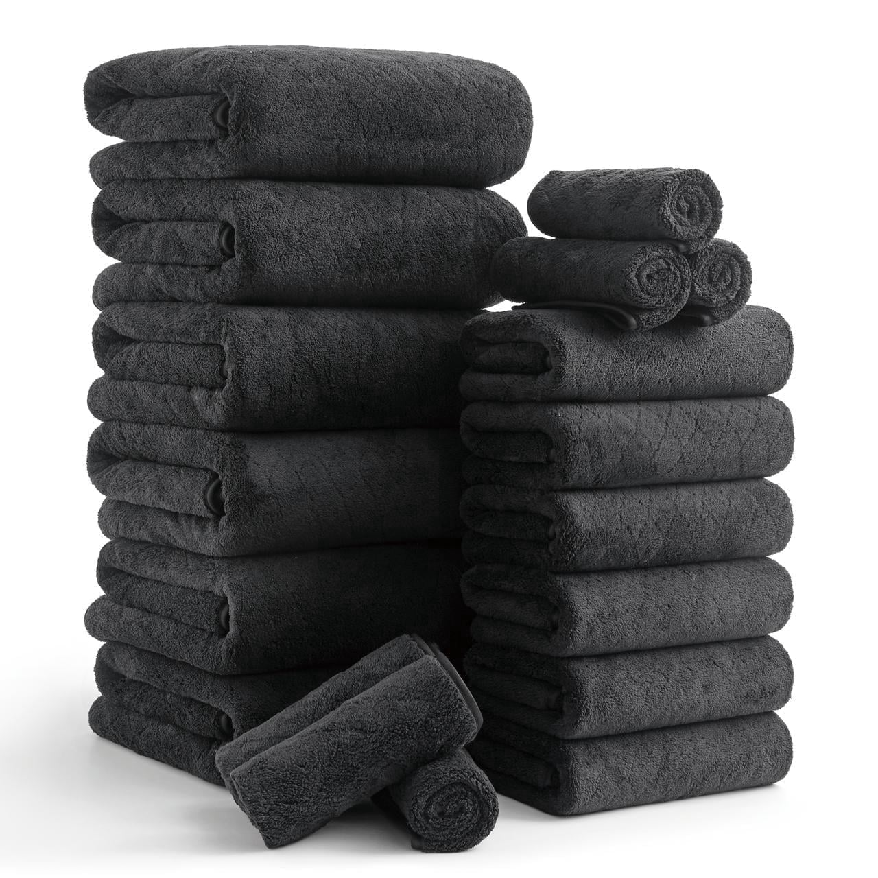 Smuge 18 pcs Bath Towel Sets, Include 6 Bath Sheet Towels, 6 Hand Towels, 6 Washcloths, Soft Microfiber Highly Absorbent Shower Towel for Bathroom Gym Spa(Black)
