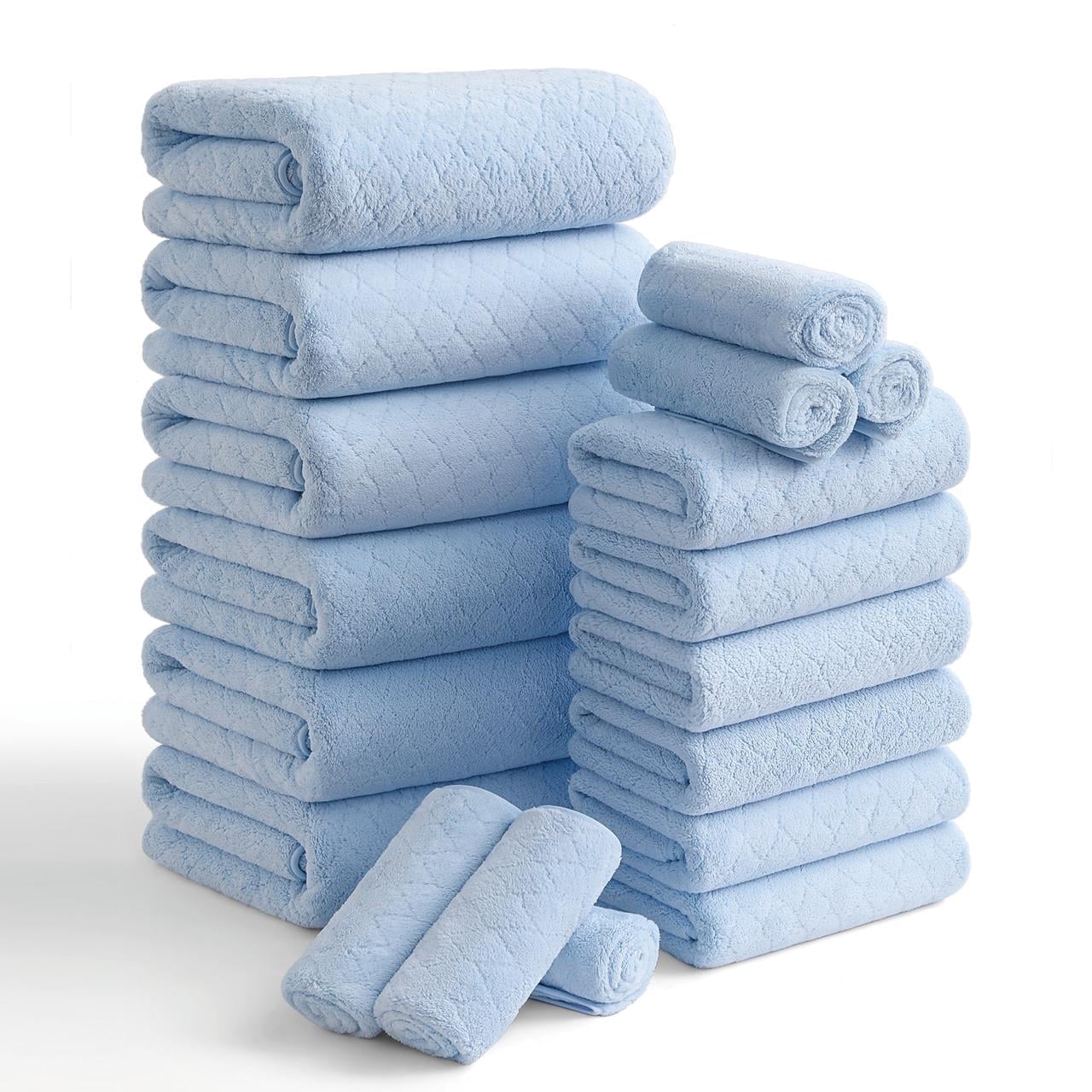 Smuge 18 pcs Bath Towel Sets, Include 6 Bath Sheet Towels, 6 Hand Towels, 6 Washcloths, Soft Microfiber Highly Absorbent Shower Towel for Bathroom Gym Spa(Blue)