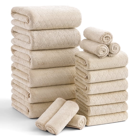 Smuge 18 pcs Bath Towel Sets, Include 6 Bath Sheet Towels, 6 Hand Towels, 6 Washcloths, Soft Microfiber Highly Absorbent Shower Towel for Bathroom Gym Spa(Camel)
