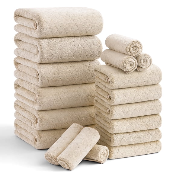 Smuge 18 pcs Bath Towel Sets, Include 6 Bath Sheet Towels, 6 Hand Towels, 6 Washcloths, Soft Microfiber Highly Absorbent Shower Towel for Bathroom Gym Spa(Camel)