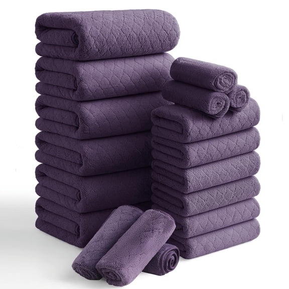 Smuge 18 pcs Bath Towel Sets, Include 6 Bath Sheet Towels, 6 Hand Towels, 6 Washcloths, Soft Microfiber Highly Absorbent Shower Towel for Bathroom Gym Spa(Dark Purple)
