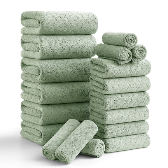 Smuge 18 pcs Bath Towel Sets, Include 6 Bath Sheet Towels, 6 Hand Towels, 6 Washcloths, Soft Microfiber Highly Absorbent Shower Towel for Bathroom Gym Spa(Light Green)